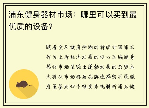 浦东健身器材市场：哪里可以买到最优质的设备？
