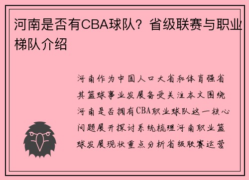 河南是否有CBA球队？省级联赛与职业梯队介绍